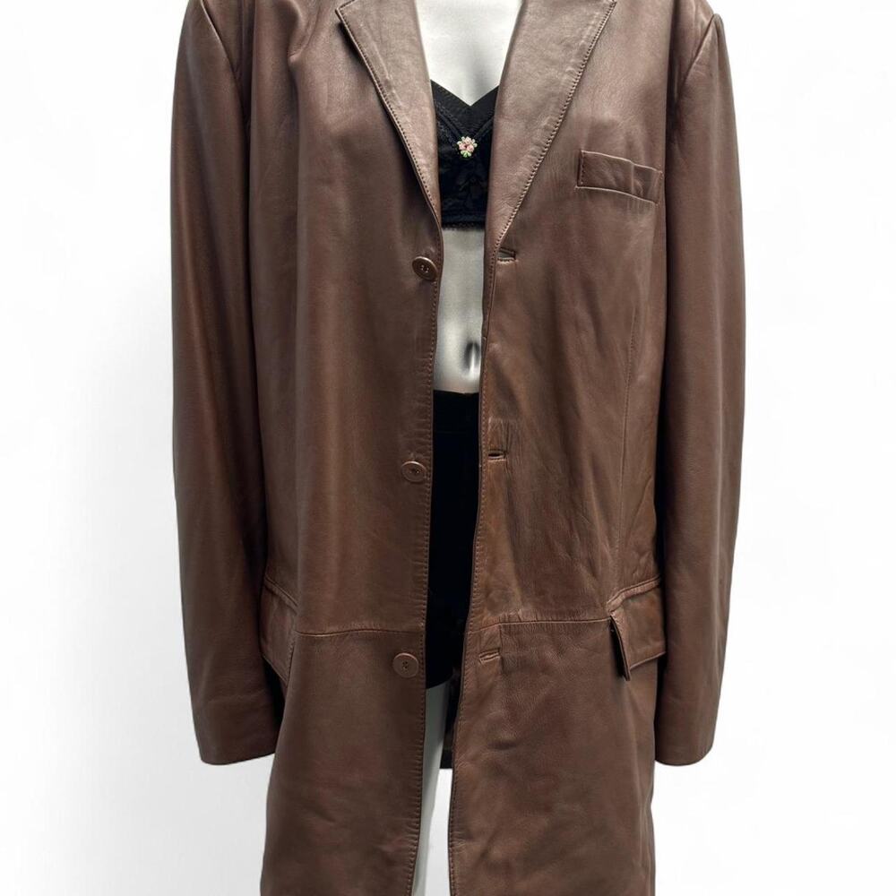 brown leather trench coat